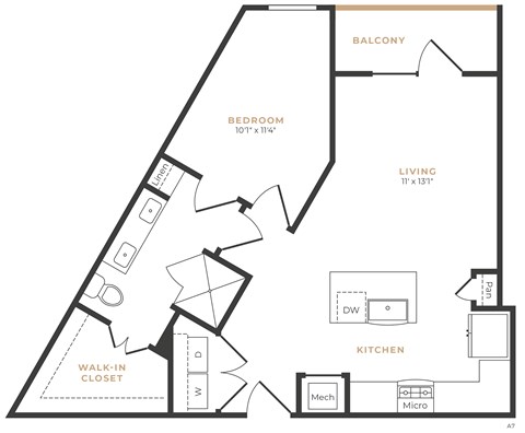 Floor plan for 1 bed, 1 bath, 705 sqft